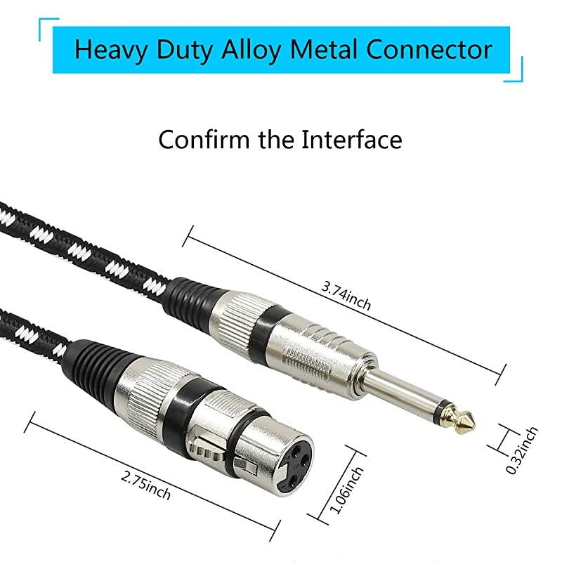Microphone Cable XLR Female to 14quot TS Cables Nylon Braided 635mm 14 Inch TS to XLR Cable XLR Female to TS Male Unbalanced Cable GoldPlated Connectors 10Feet