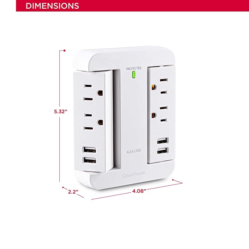 P4WSU Professional Surge Protector 900J125V 4 Swivel Outlets 4 USBA Charge Ports White Wall Tap