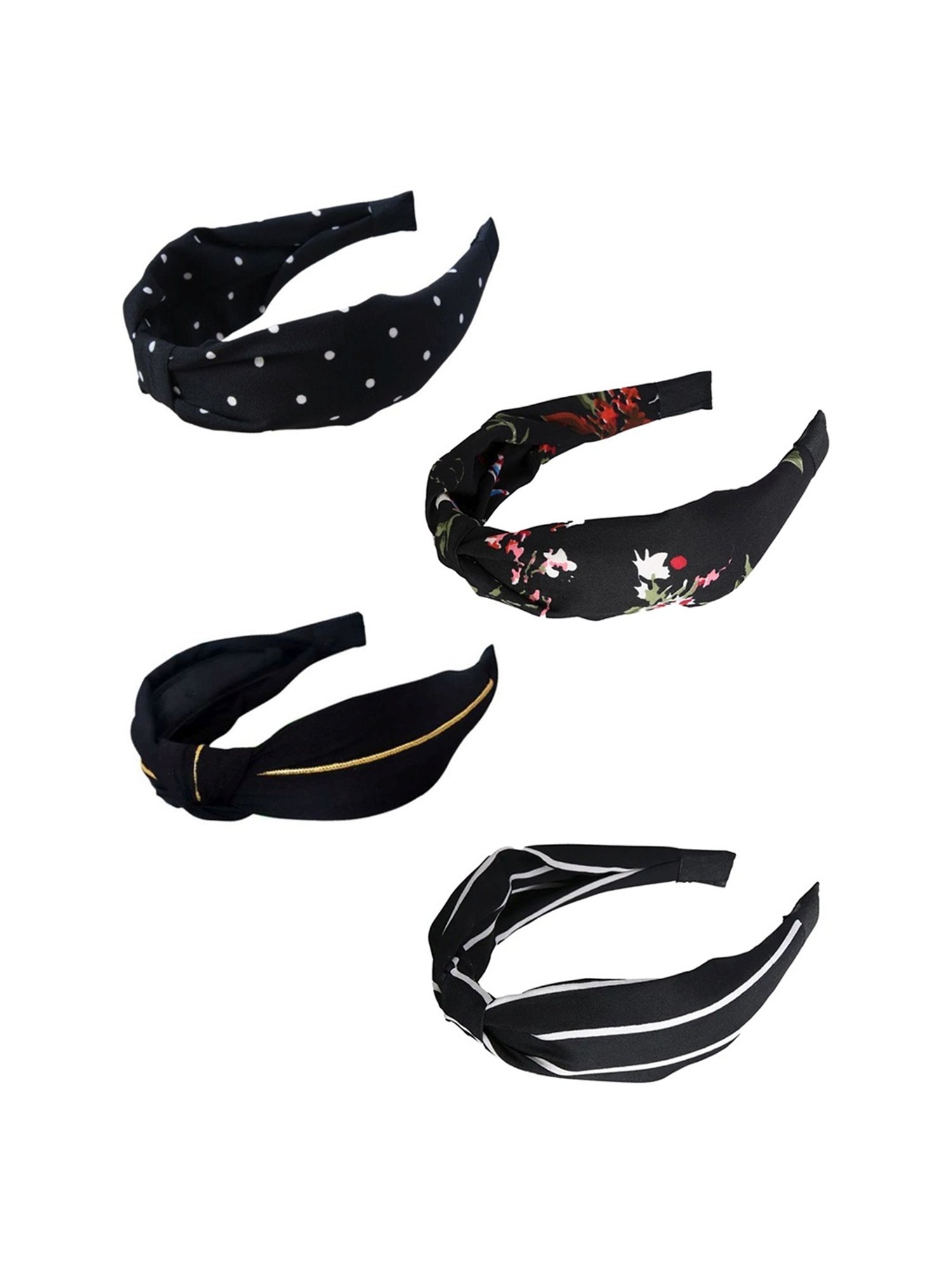 OOMPH Black Knotted Floral Stripes Polka Dots Hair Band - Combo of 4