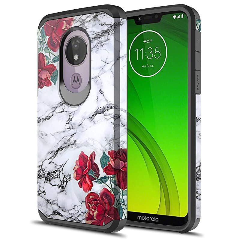 Moto G7 Power Case Moto G7 Supra Case  Hybird Drop Protection Sleek Slim Dual Layer Shockproof Colorful Graphic Armor Case for LG Moto G7 PowerSupra Rose White Marble