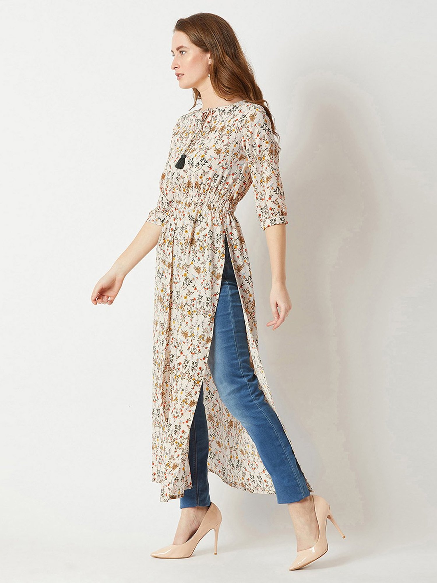 Miss Chase Beige Floral Print Maxi Top