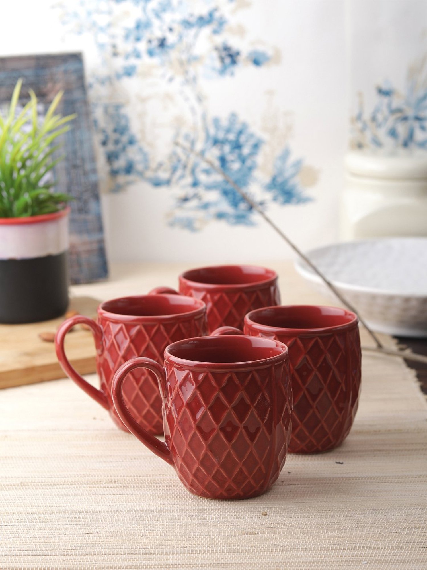 VarEesha Hand Crafted Studio Pottery Maroon Tea Cups (200 ml) - Set of 4