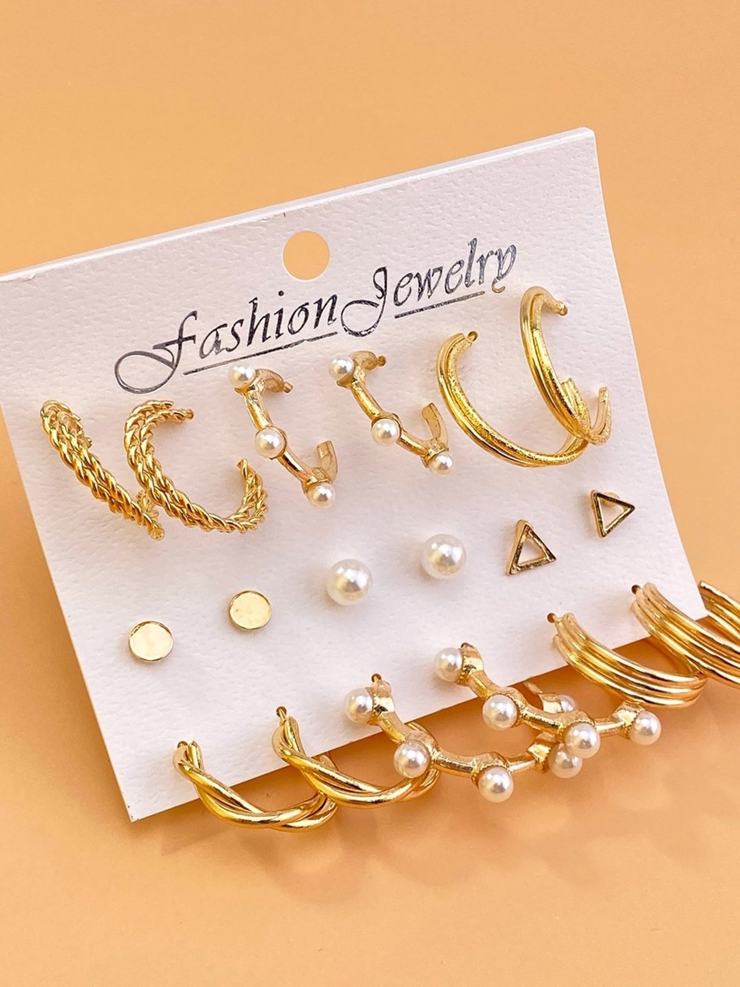OOMPH Golden Tone Crystal & Pearl Fashion Ear Drop & stud Earrings for Women - Set of 9