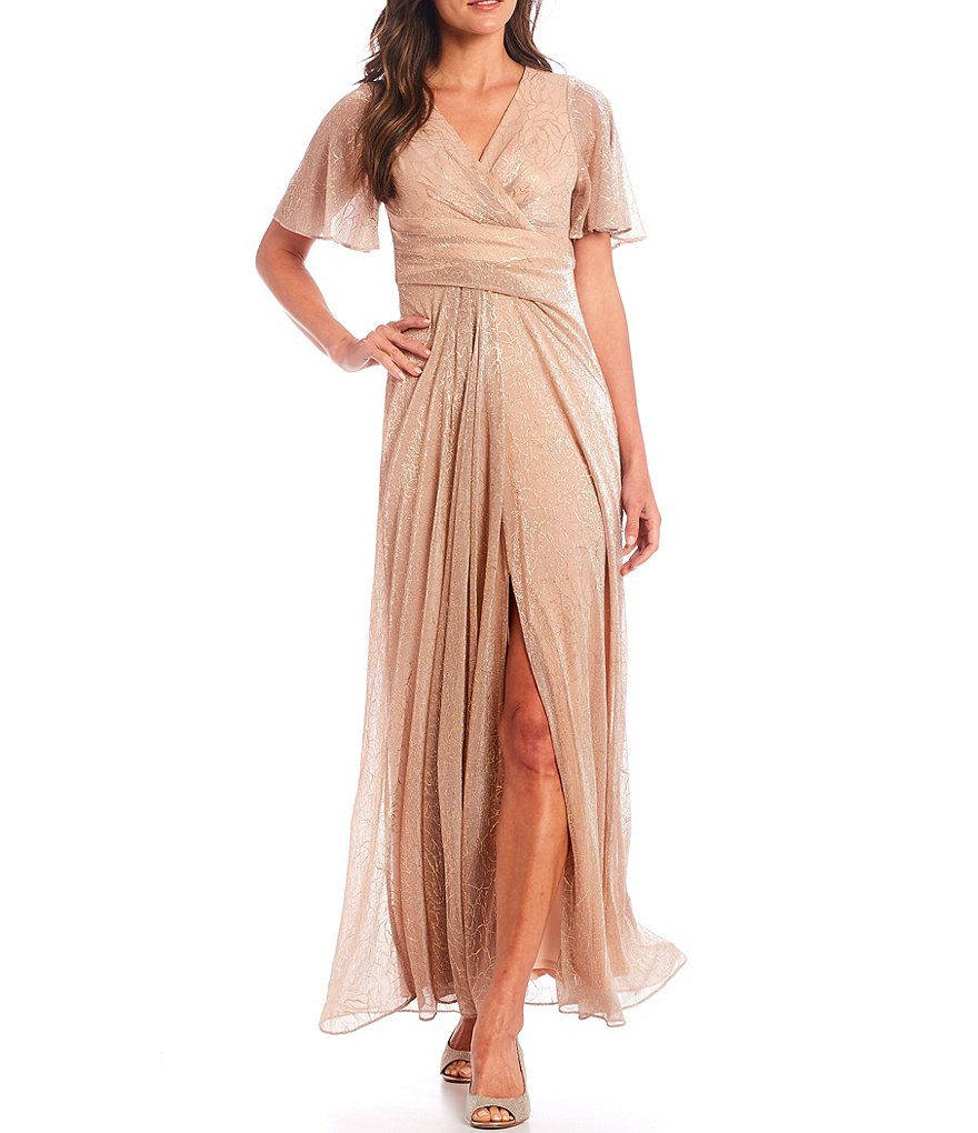 Adrianna Papell V-Neck Elbow Sleeve Lace Side Wrap A-Line Gown