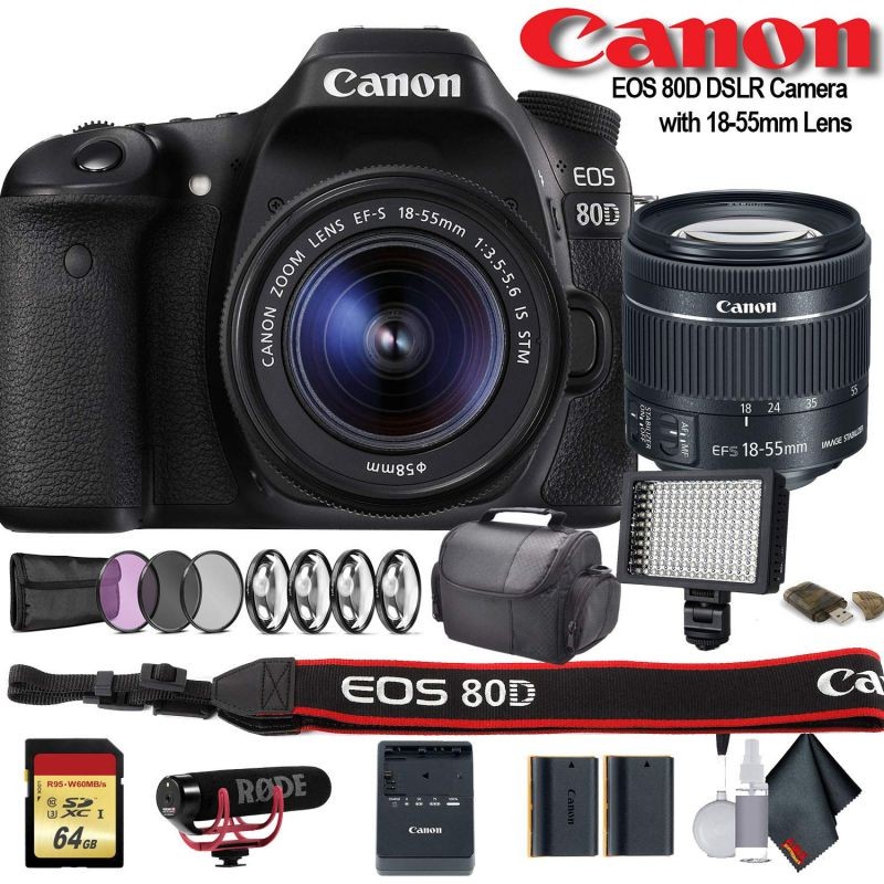 Canon EOS 80D DSLR Camera with 18-55mm Lens (Intl Model) (1263C005) W/ Bag, Extra Battery, LED Light, Mic, Filters and More - Advanced Bundle