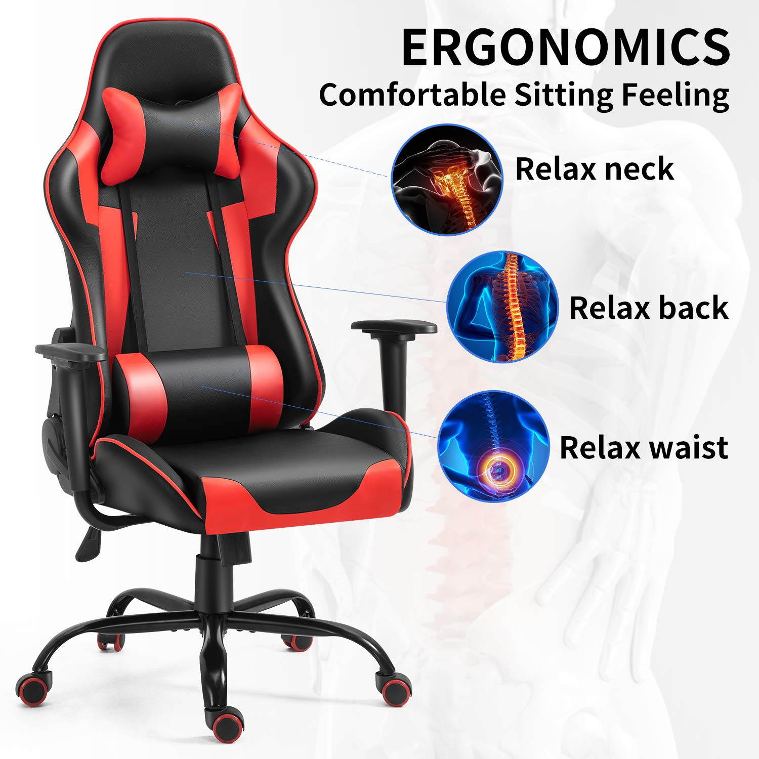 Gaming Chair Racing Gamer Chair Ergonomic Office Chair Home Office Computer Chair High Back PU Leather Chair with Lumbar Cushion and Headrest  Red