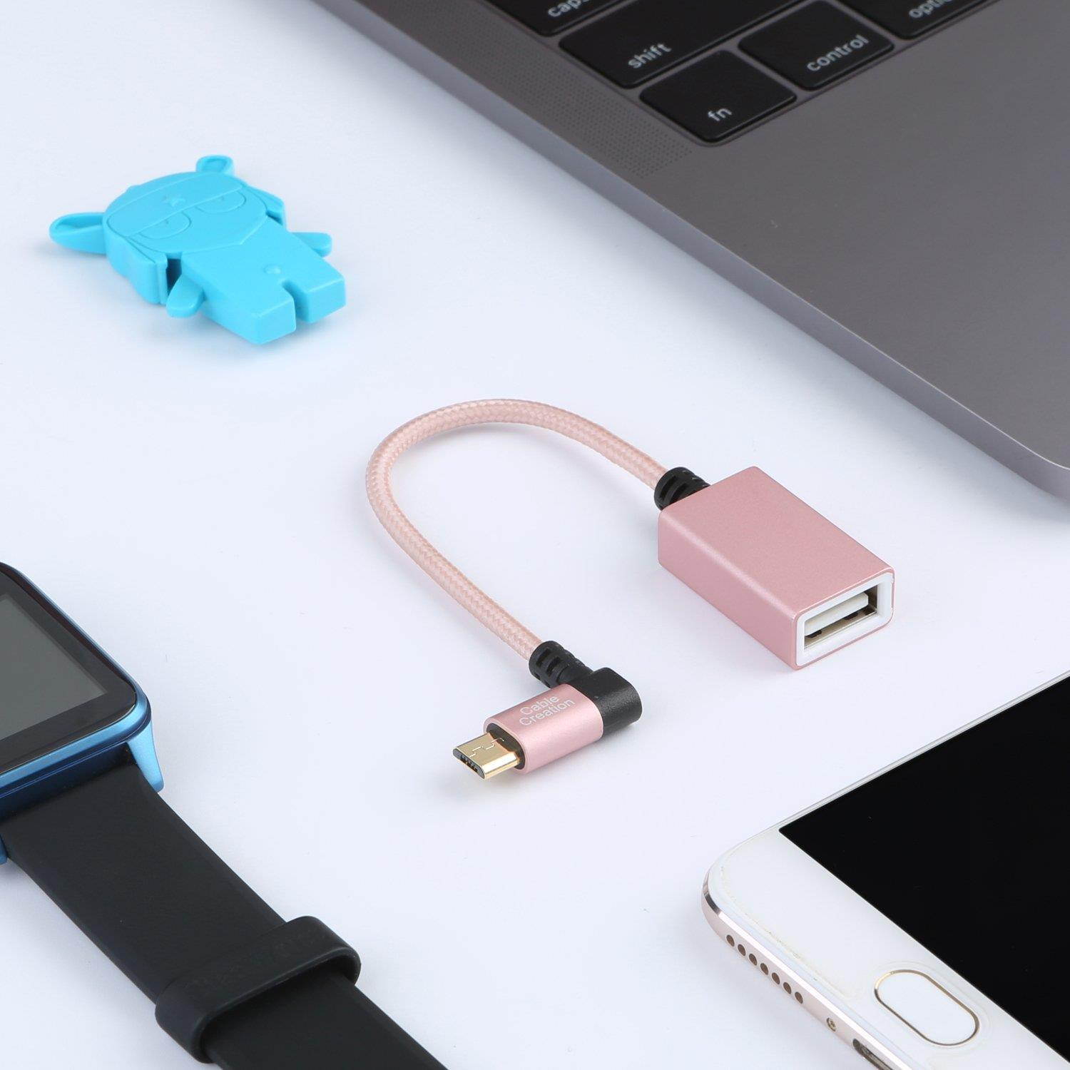 CableCreation 90 Degree Micro USB 2.0 OTG Cable Left Angle Braided On The Go Adapter Micro USB Male to USB Female for Samsung or other Smart Phones with OTG Function, 6 Inch/Rose Gold Aluminum
