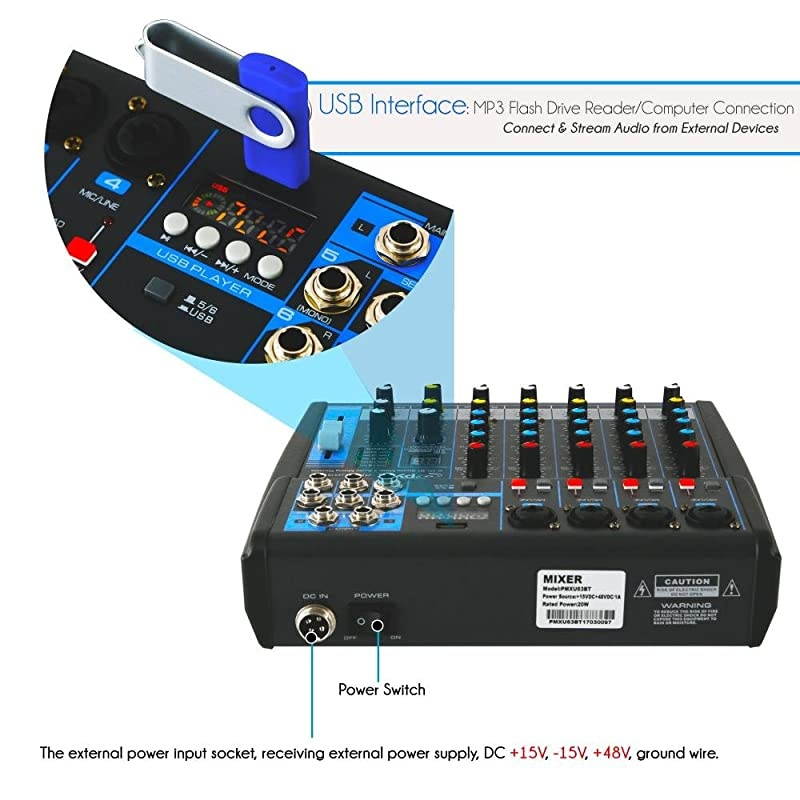 Professional Audio Mixer Sound Board Console Desk System Interface with 6 Channel USB Bluetooth Digital MP3 Computer Input 48V Phantom Power Stereo DJ Streaming FX16 Bit DSP PMXU63BT