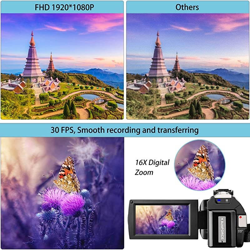 Camera Full HD 1080P 30FPS 24MP YouTube Camera Camcorder 3.0 Inch 270&deg; Rotation IPS Screen 16X Digital Zoom Vlogging Camera with Microphone, Remote, Lens Hood, 2 Batteries