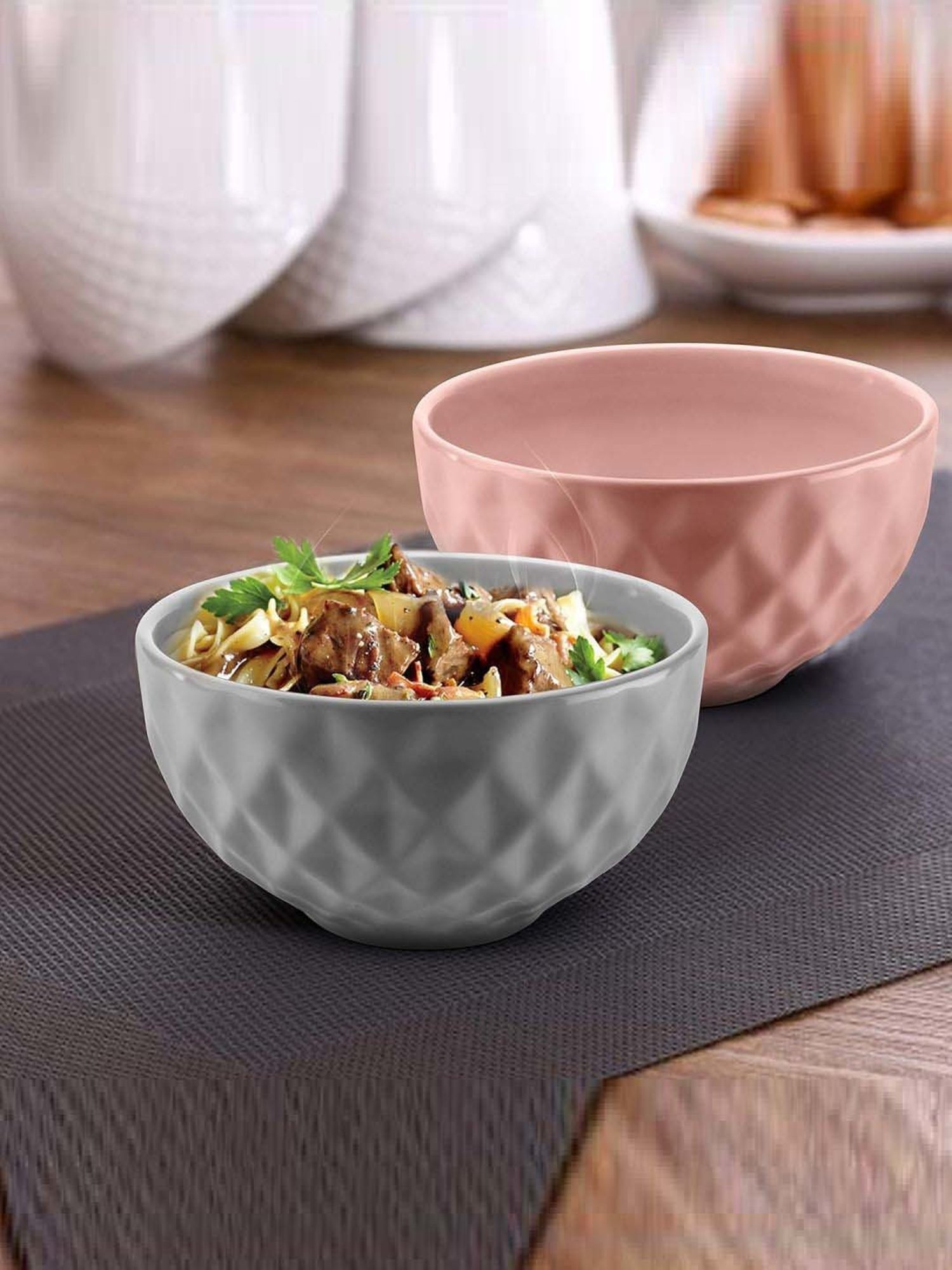 Urban Chef Pink & Grey Ceramic Handcrafted Microwave Safe Bowl (0.5 L) - Set of 2