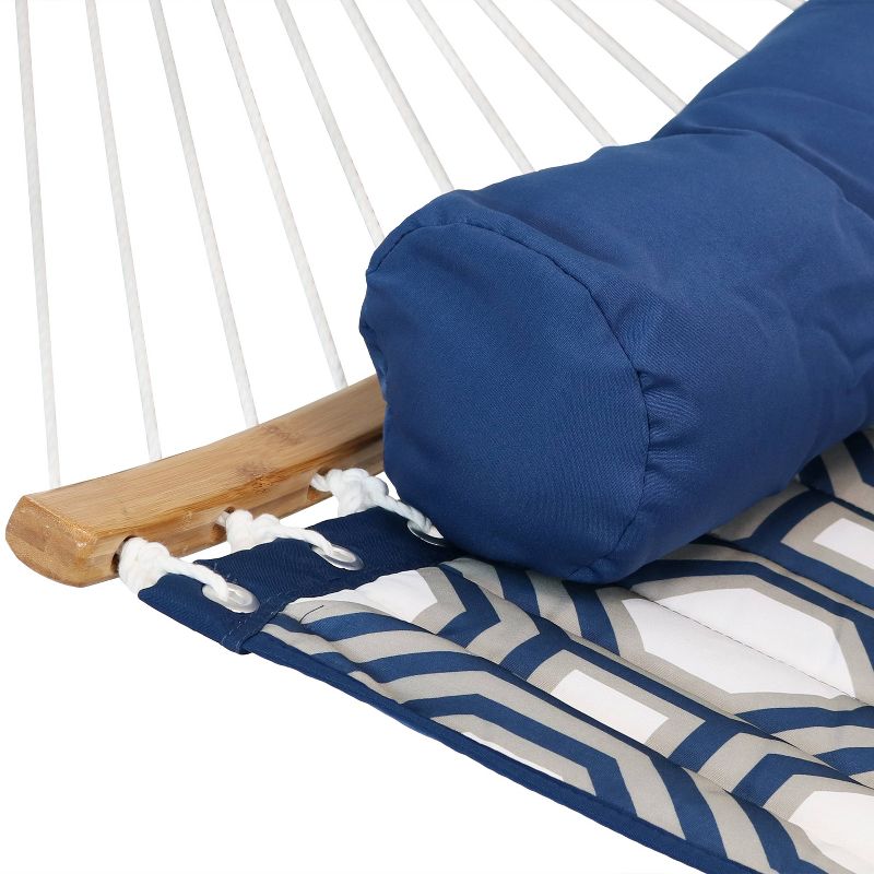 Sunnydaze Heavy-Duty Quilted 2-Person Hammock with Curved Bamboo Spreader Bars - 450 lb Weight Capacity - Navy and Gray Tiled Octagon