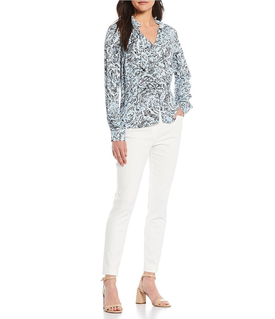 Donna Karan New York Ruffled Tie V-Neck Long Sleeve Peasant Blouse