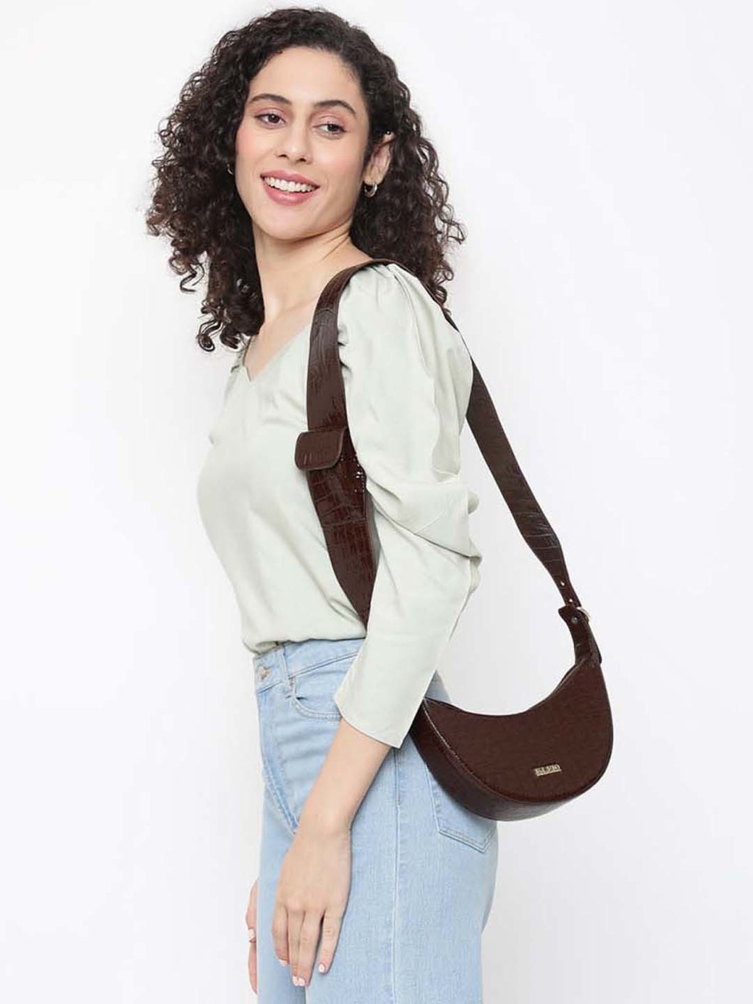 KLEIO Brown Textured Medium Sling Handbag