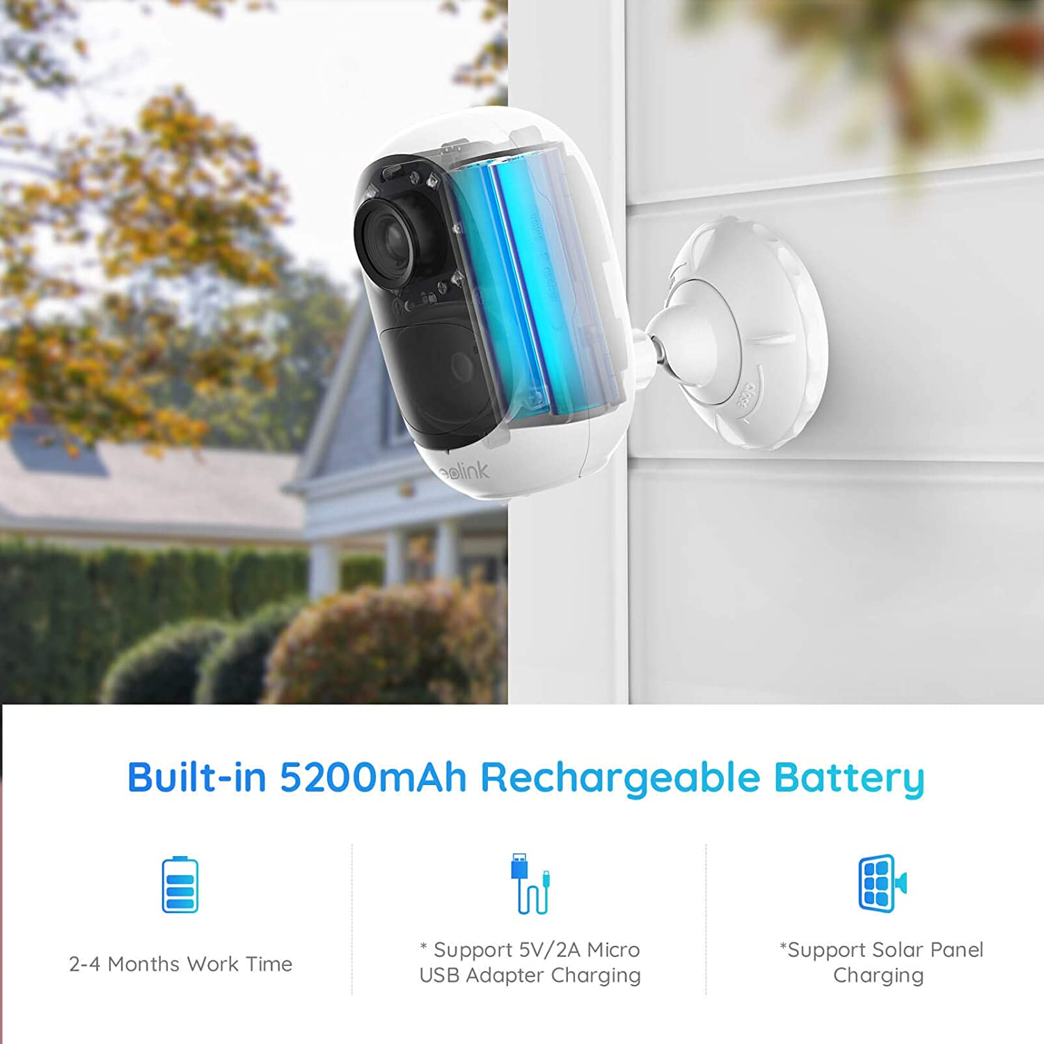 Reolink 1080p HD Outdoor Wireless Rechargeable Battery Security IP Camera Night Vision PIR Motion Detection 2-Way Audio, Support Google Assistant, Cloud Storage, Argus 2E