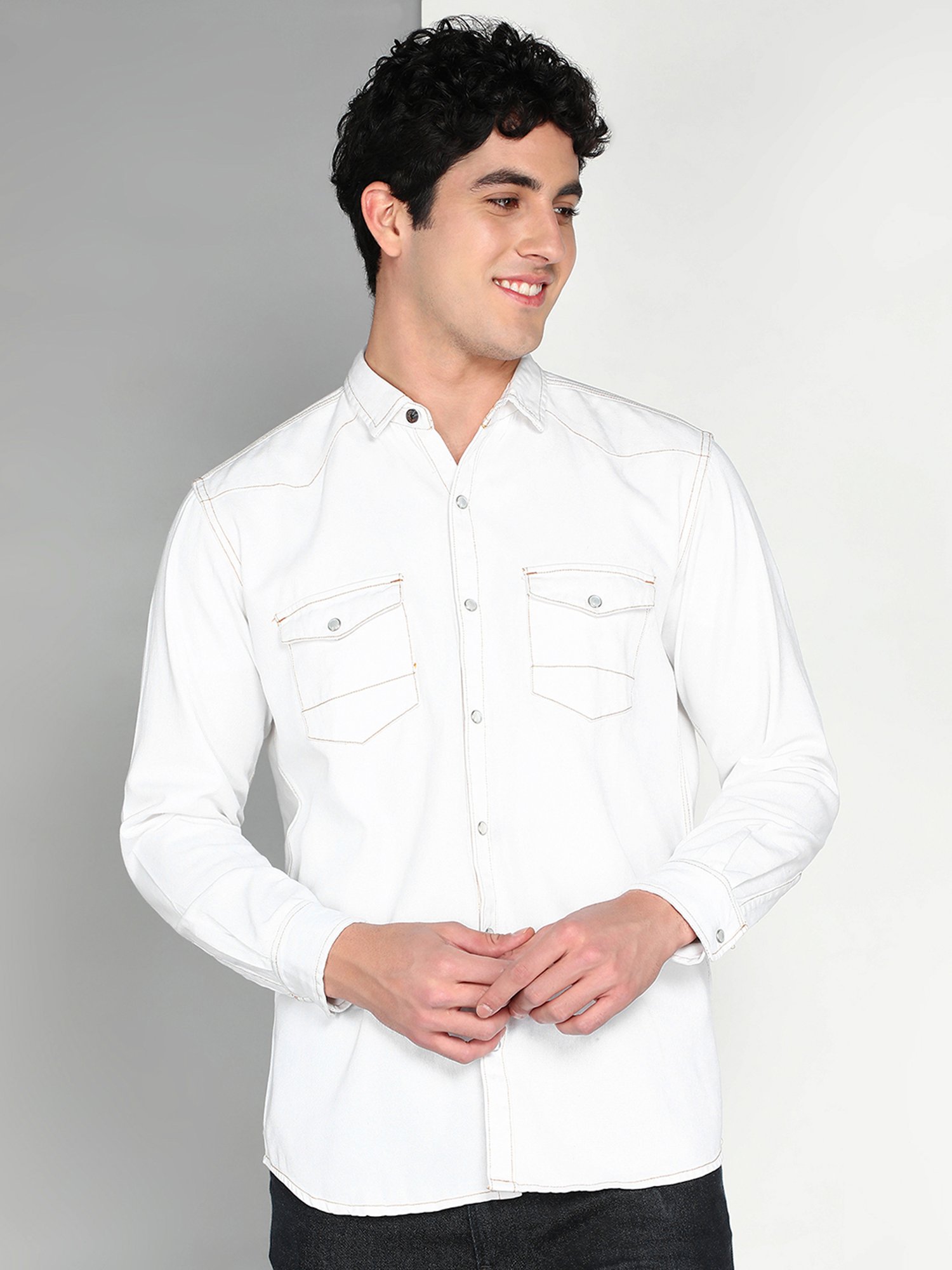 Kuons Avenue White Slim Fit Denim Shirt