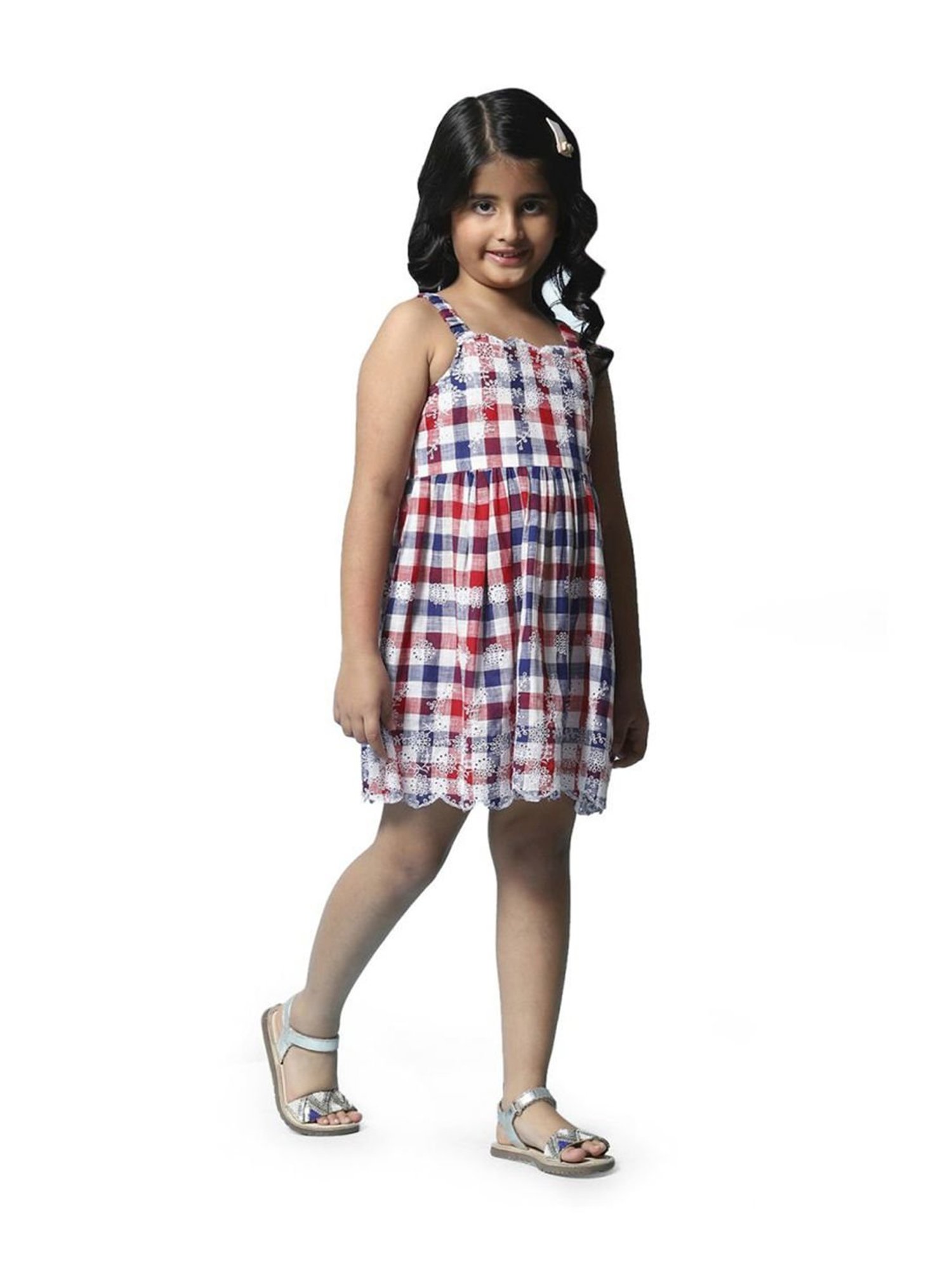 Biba Girls Multicolor Cotton Chequered Dress with Headband