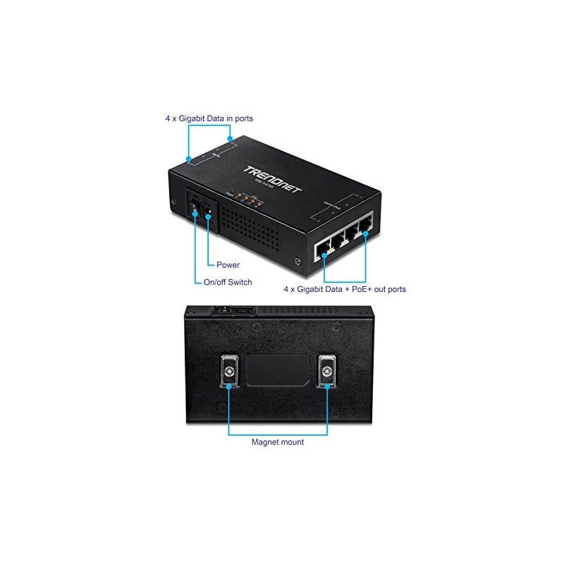 65W 4-Port Gigabit PoE+ Injector, TPE-147GI, 4 x Gigabit Ports(Data in), 4 x gigabit PoE Ports(Data + PoE Out), Multi-Port PoE+ Injector up to 100m(328 ft.), Add PoE+ Power to Non-PoE Switch