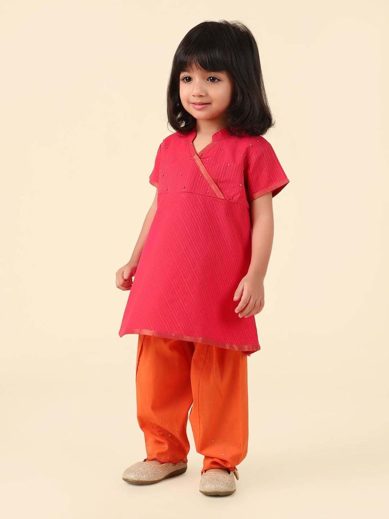 Fabindia Kids Pink & Orange Embellished Kurti & Salwar