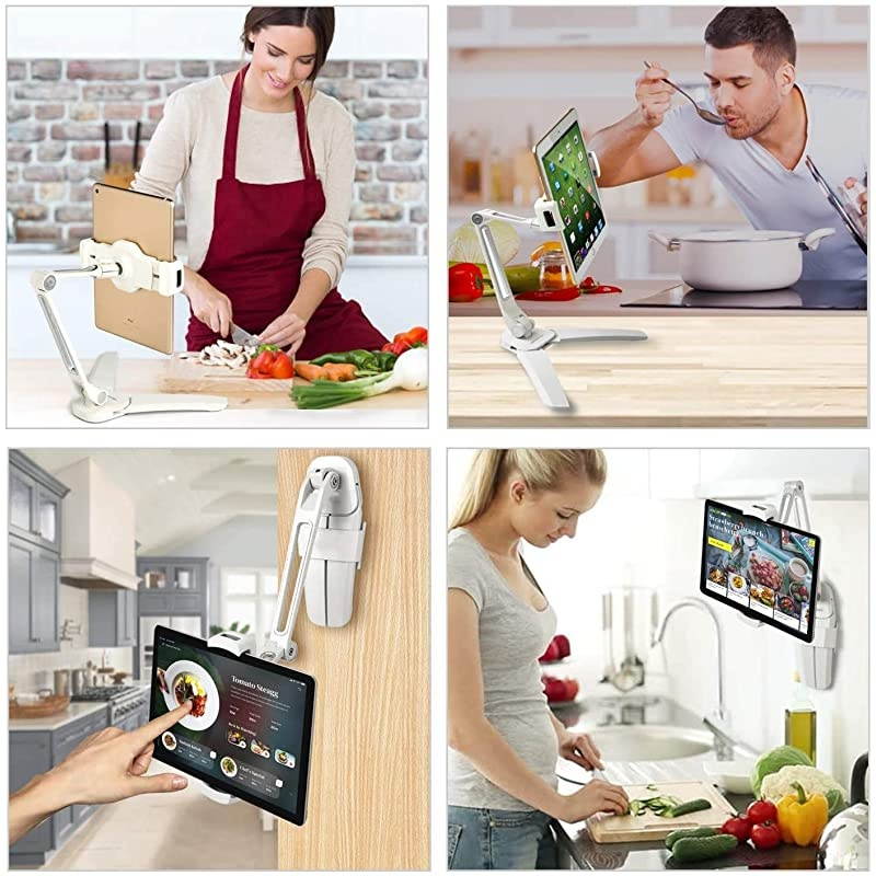 Kitchen Tablet Stand HIGHFlex 360 Superior Strength Portable 47 to 135 Inch Universal Tablet Stand amp Phone Holder for Kitchen Counter amp Wall 4 PT Wobble Free Mount White