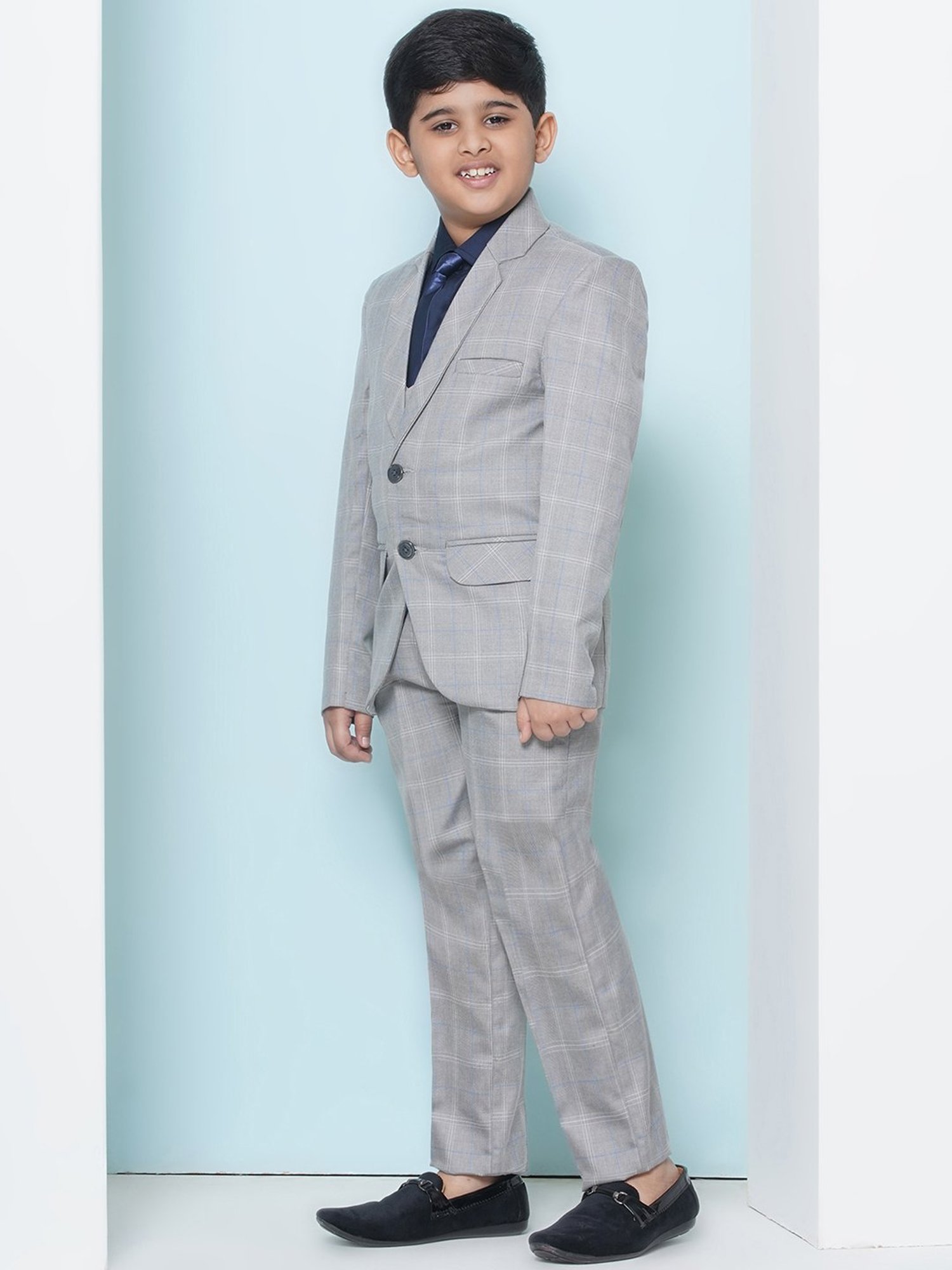 AJ Dezines Kids Grey & Navy Checks Full Sleeves Shirt, Pants, Coat, Waistcoat with Tie
