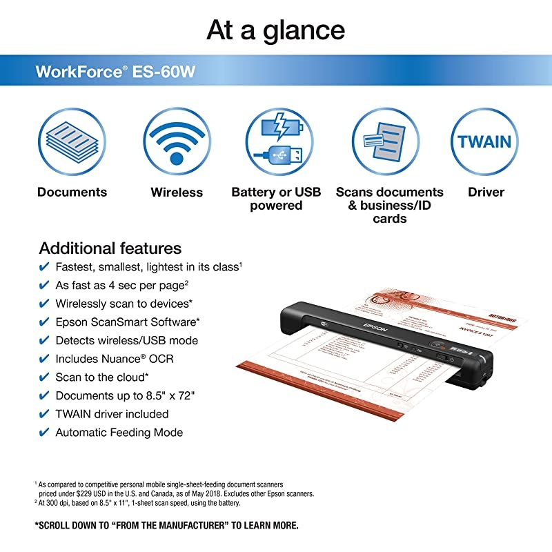 Workforce ES-60W Wireless Portable Sheet-fed Document Scanner for PC and Mac