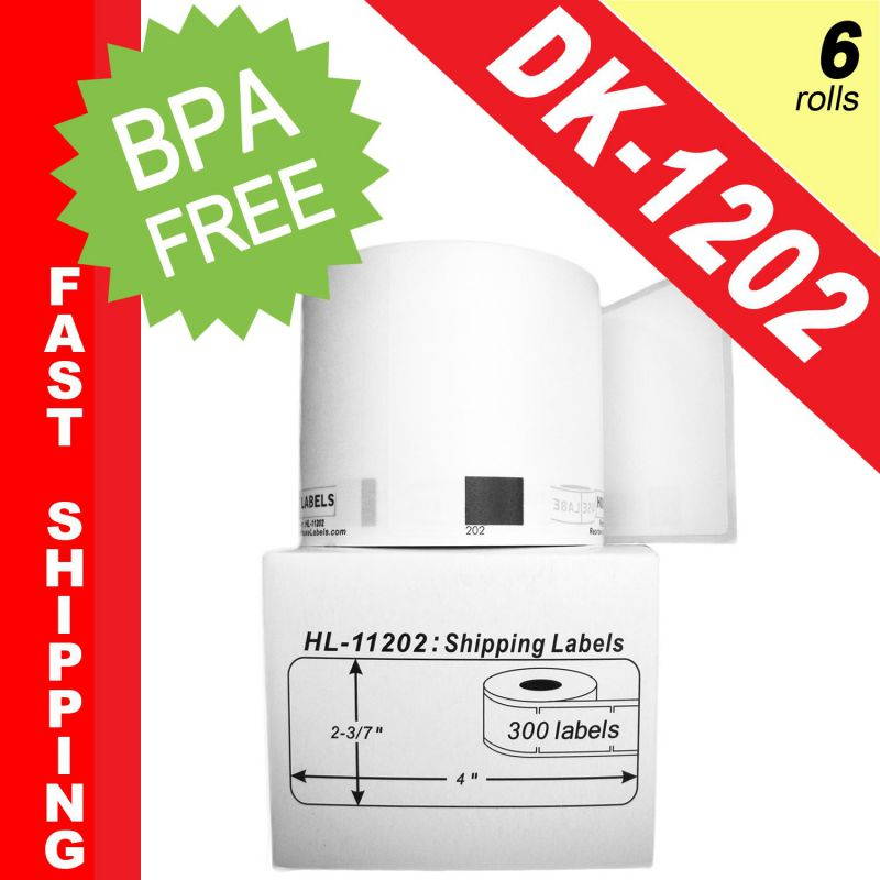 BROTHER-Compatible DK-1202 Shipping Labels (2-3/7" x 4"; 62mm*100mm) -- BPA Free! (6 Rolls; 300 Labels per Roll)