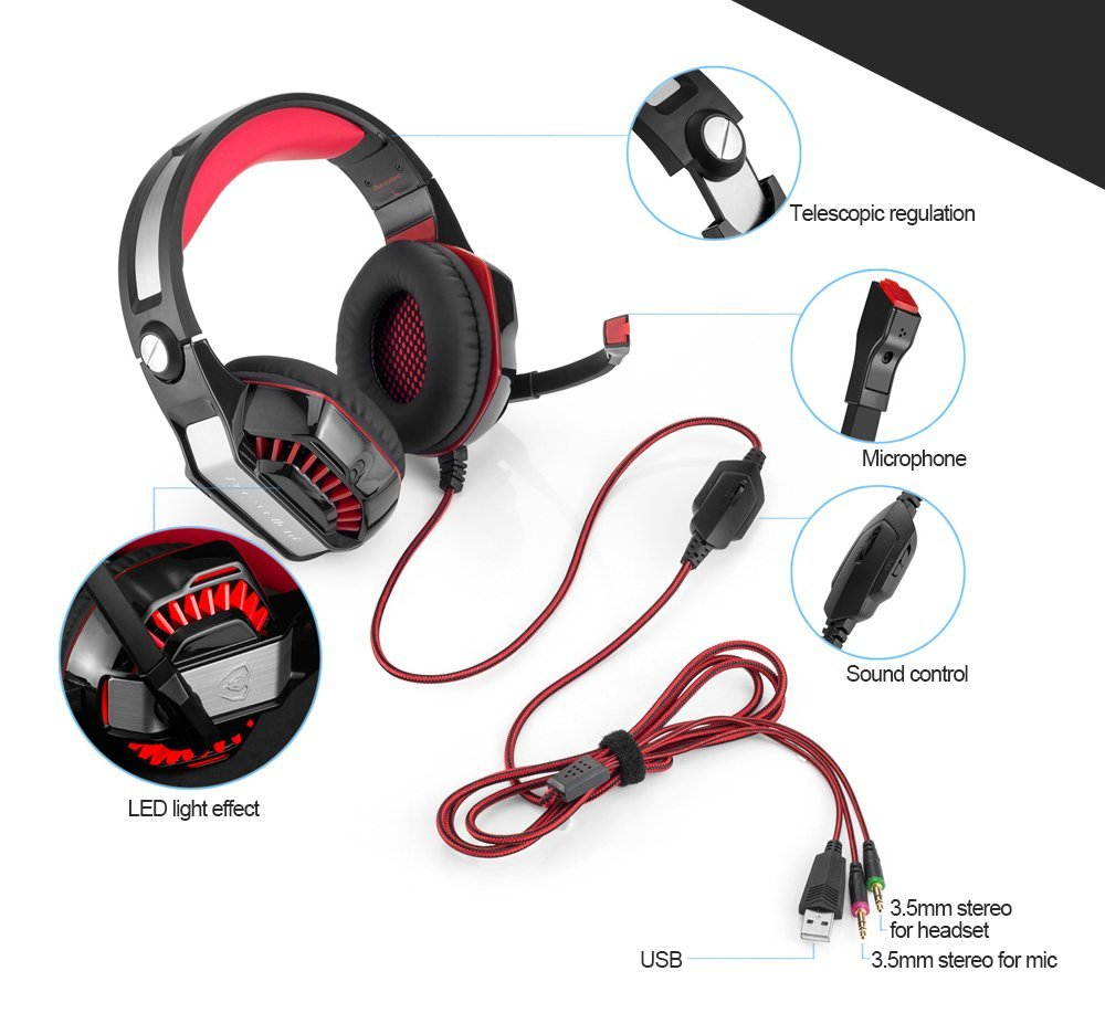 KOTION EACH Gaming Headset for PlayStation 4 PS4 Tablet PC iPhone 6/6s/6 plus/5s/5c/5, 3.5mm Headphone with Microphone LED Light (Black&Red)