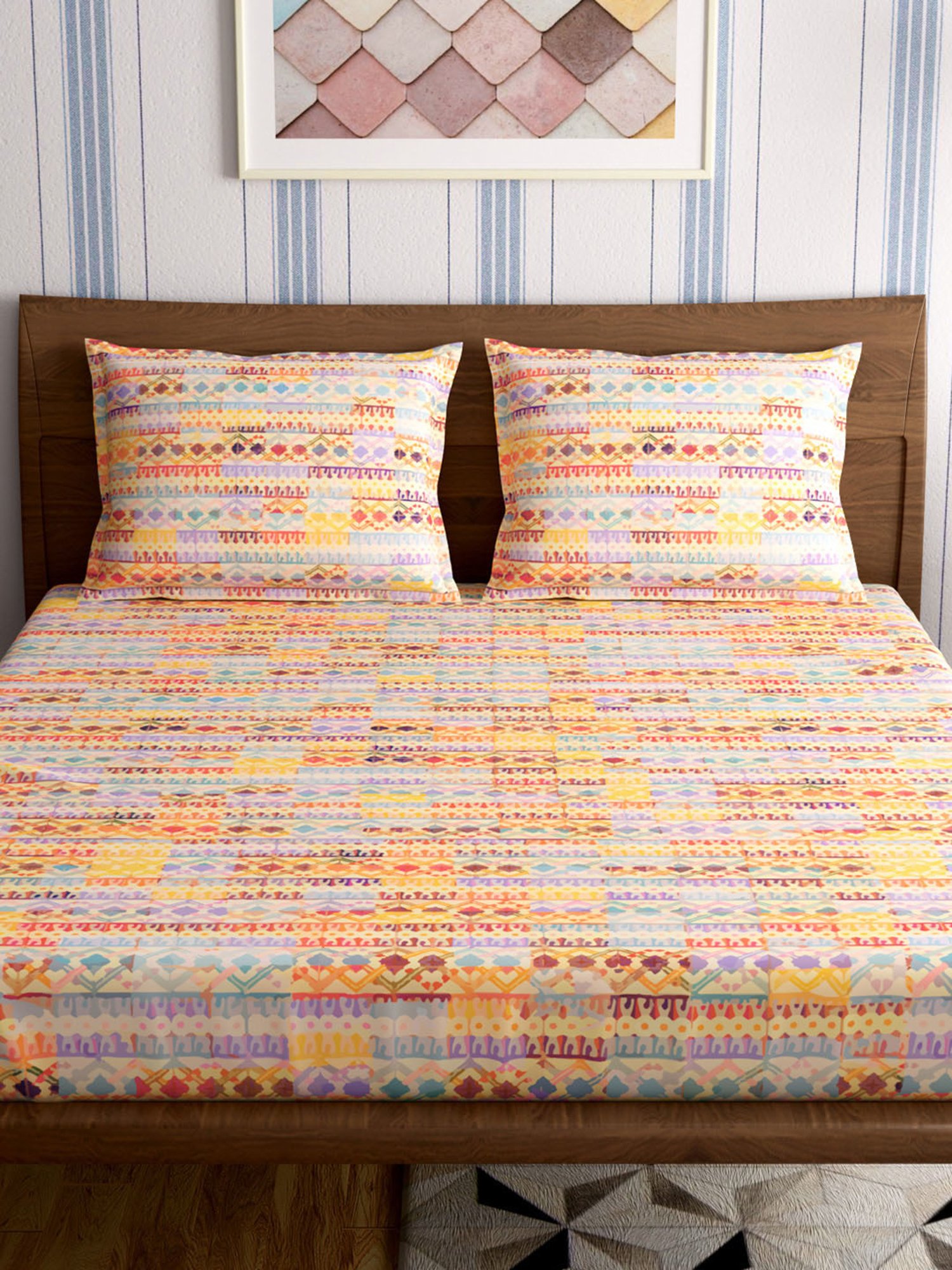 Petal Home Jharokha Abstract Yellow 300 TC Cotton Queen Bed Sheet with 2 Pillow Covers