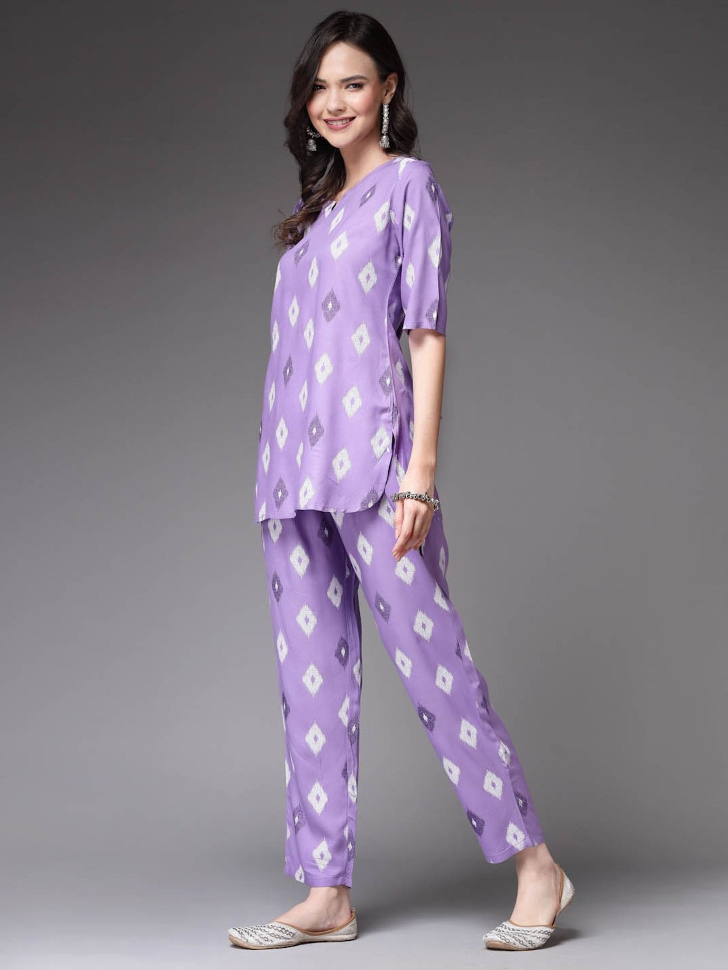 Stylum Purple Rayon Printed Top & Pant Set