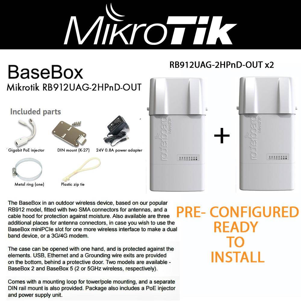 Mikrotik BaseBox2 RB912UAG-2HPnD-OUT 2.4Ghz integrated AP/Backbone/CPE, 2xRPSMA connectors, miniPCI-e slot, Gigabit Ethernet  2PACK *PRE-CONFIGURED*