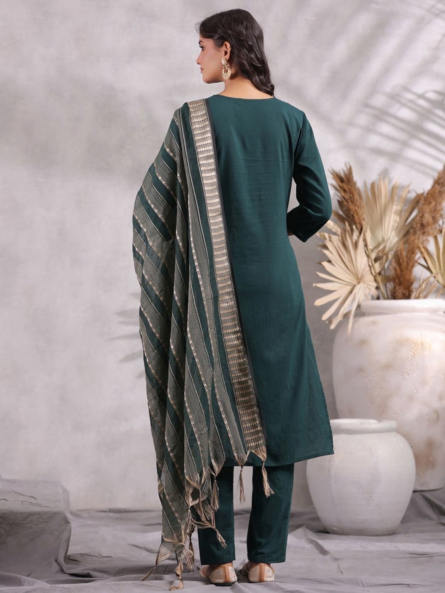 Anubhutee Green Cotton Kurta Pant Set With Dupatta