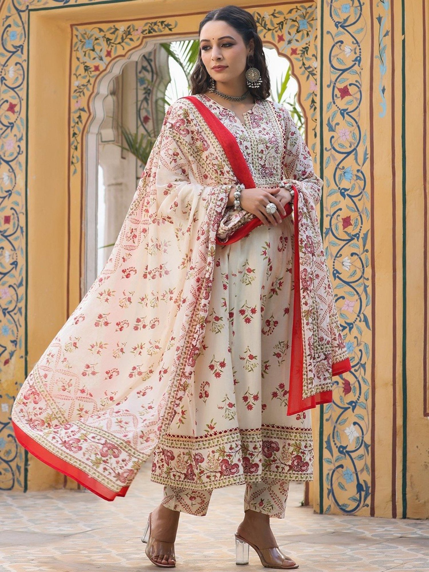 Rain and Rainbow Off-White Cotton Printed Kurta Pant Set With Dupatta