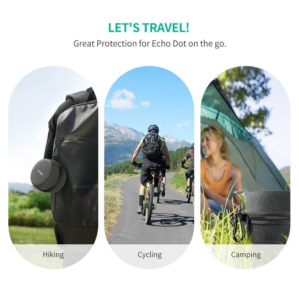 UGREEN Carrying Case for Echo Dot 2nd Generation Travel Protective Hard Case Holder Cover for Echo Dot 2 Speaker, Fits for USB Cable and Wall Charger Accessories, Portable with Carabiner (Grey)