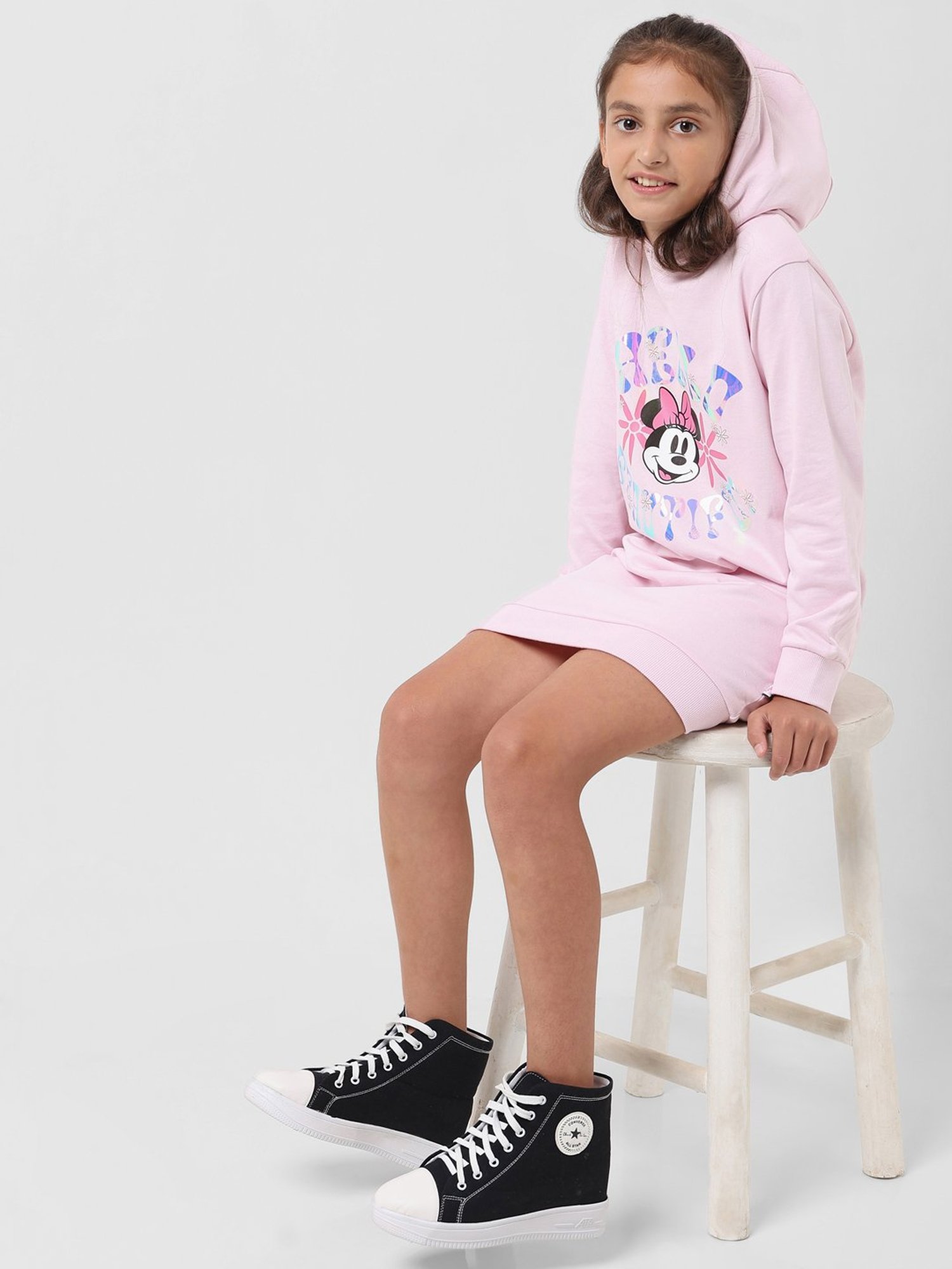 VERO MODA GIRL Pink Printed Full Sleeves Sweatshirt Dress