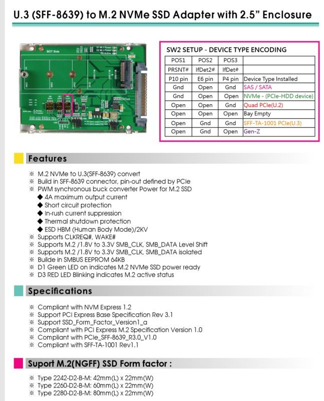 GEN Z (SFF-8639) to M.2 NVMe SSD Adapter with 2.5 Inch Enclosure