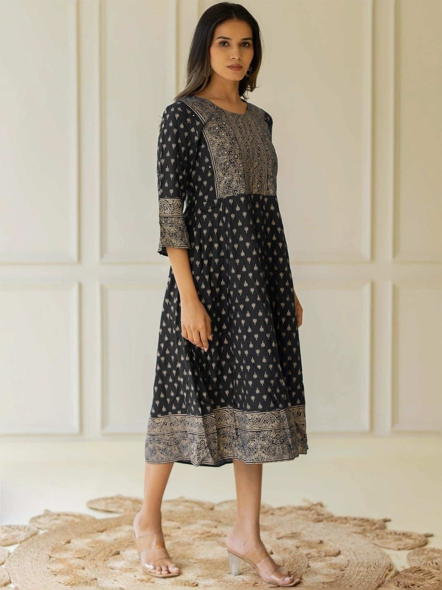MIRCHI FASHION Black Cotton Printed A-Line Dress