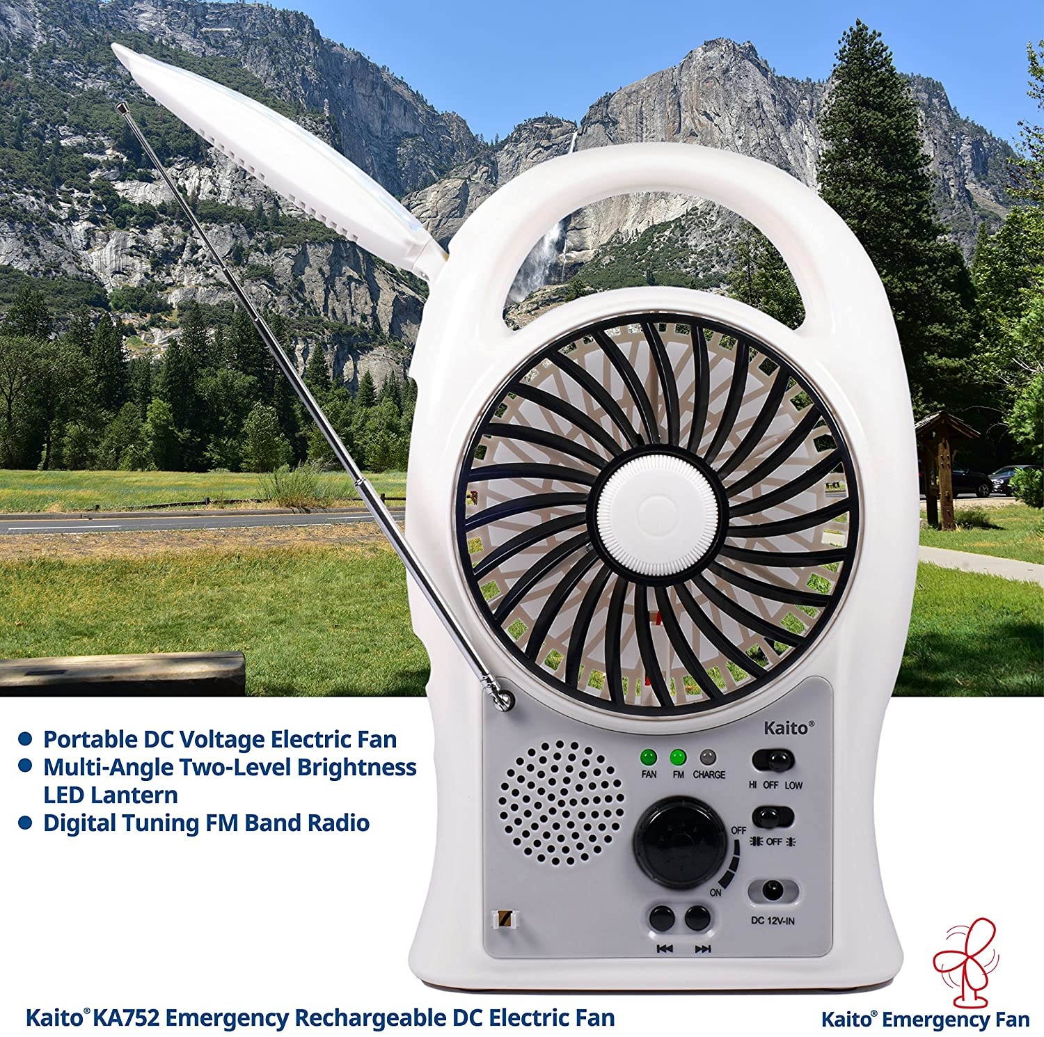 Kaito Portable Electric Fan 3-in-1 KA752 Rechargeable 5" 2-Speed Battery-Powered Personal Fan with Scan FM Radio & 24-LED Camping Lantern