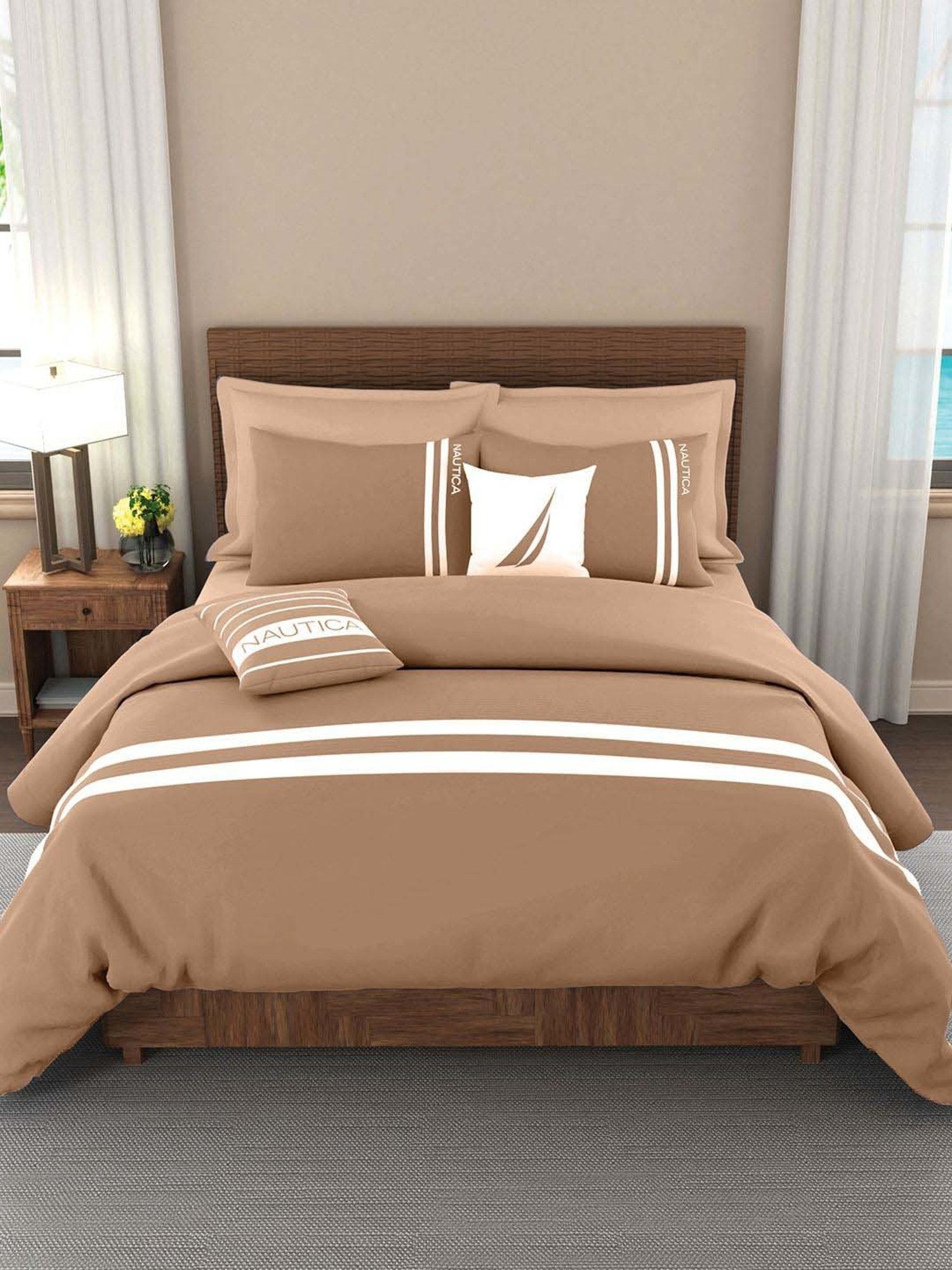 NAUTICA Coastal Stripes Brown & White Cotton Super King Size Bed Sheet With Pillow Covers
