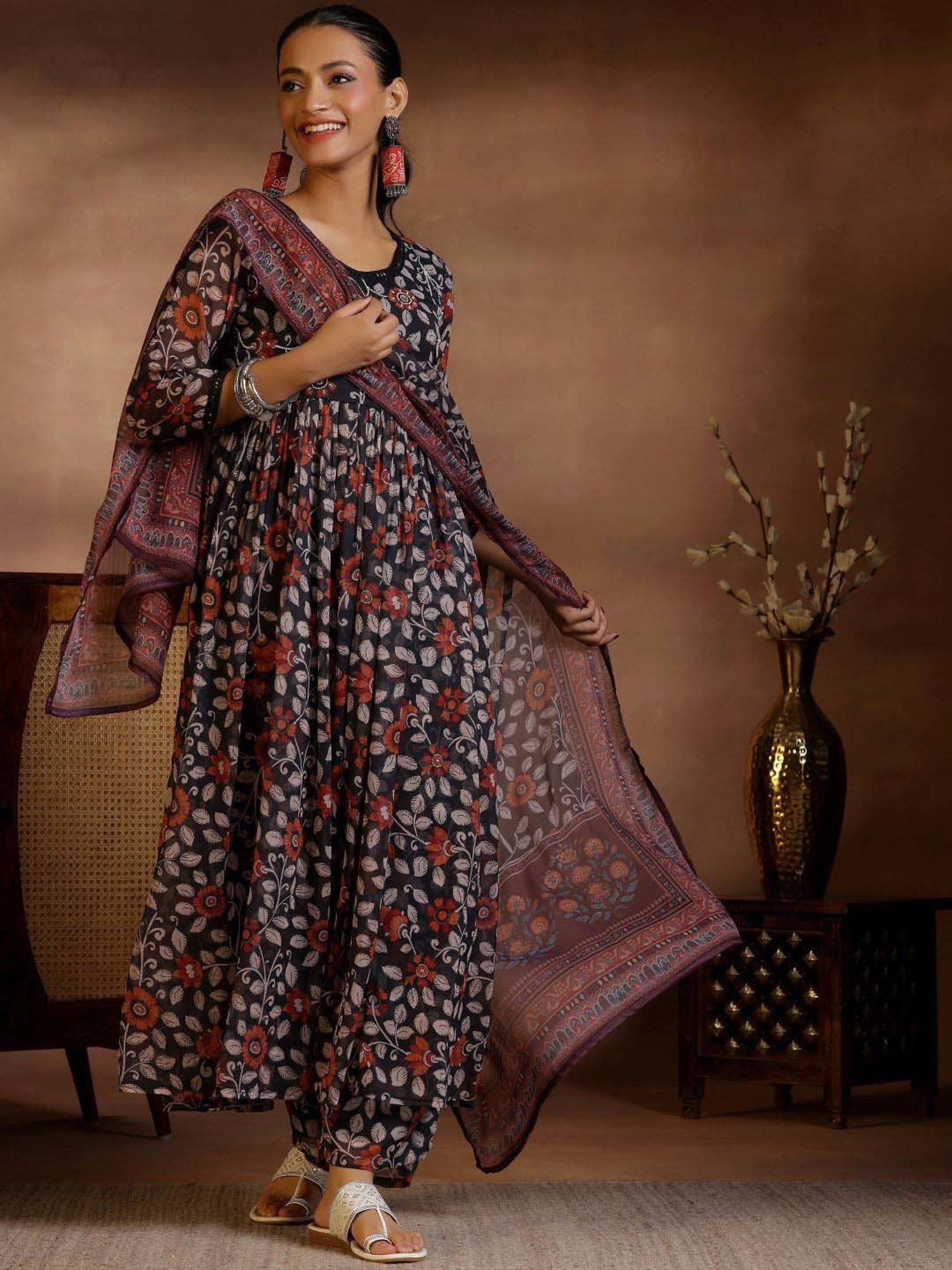 Libas Black Printed Kurta & Palazzo Set With Dupatta