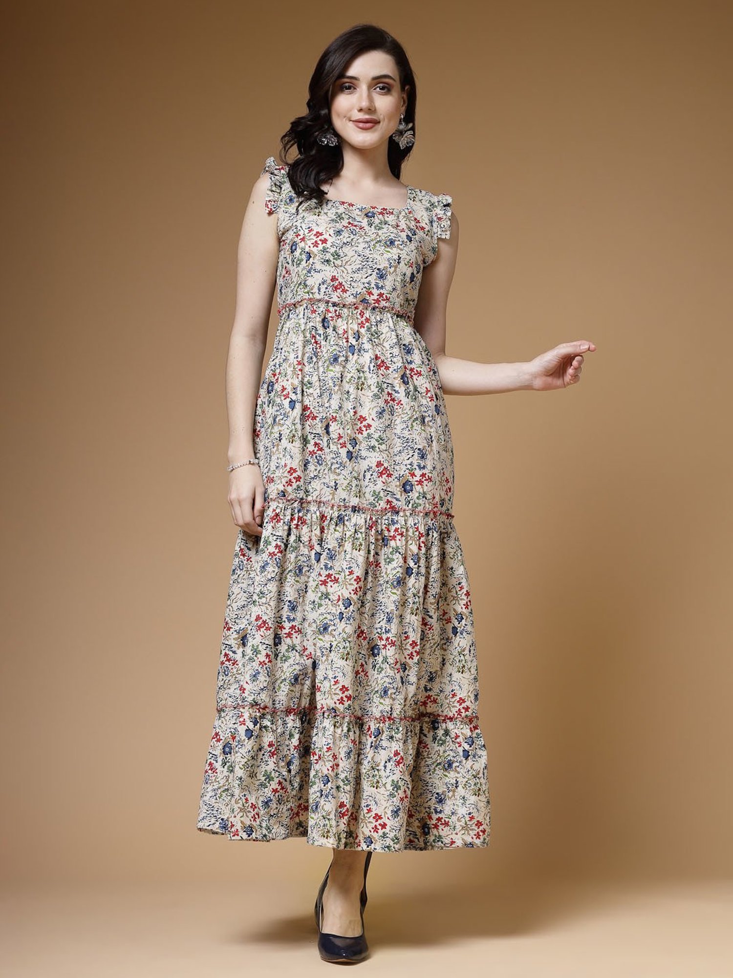 Indibelle Beige Cotton Floral Ethnic Dress