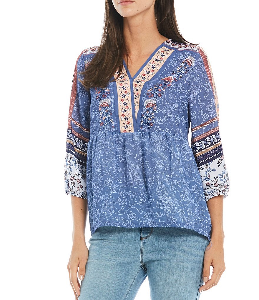 One World Apparel Mixed Floral Border Print Woven V-Neck 3/4 Sleeve Babydoll Top