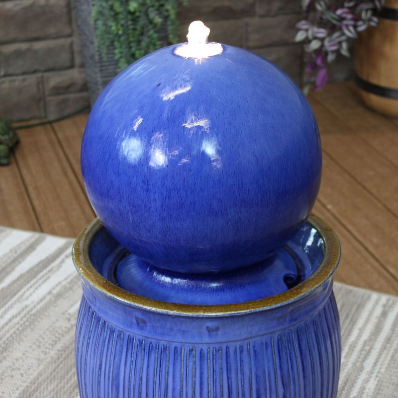 Sunnydaze 29"H Electric Glazed Blue Ceramic Orb on Pedestal Outdoor Water Fountain with LED Light