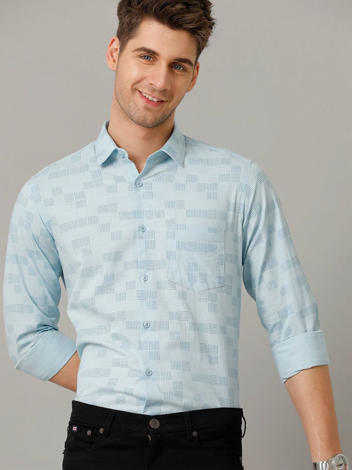 Spykar Blue Cotton Slim Fit Checks Shirt