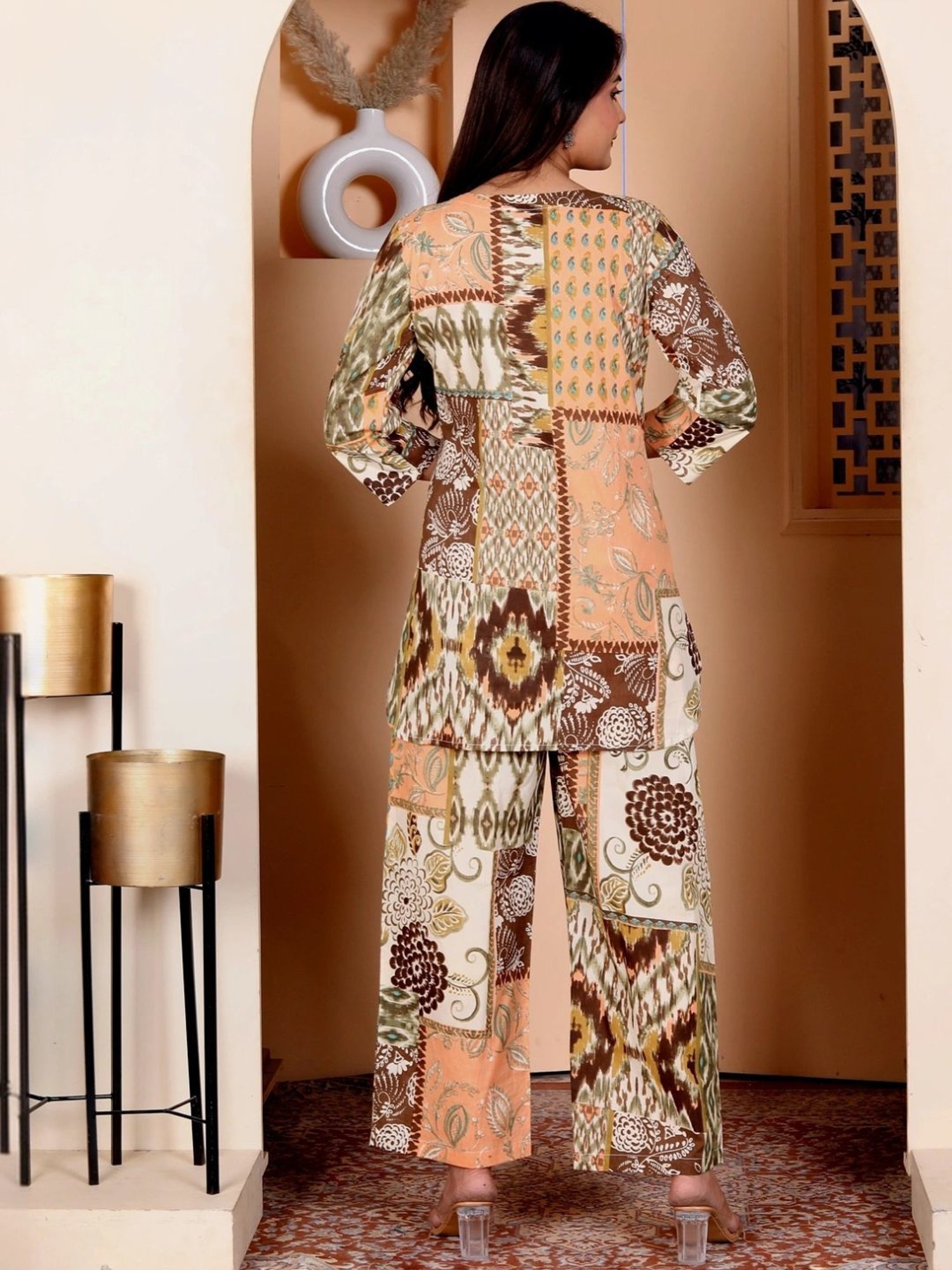 Kaftanize Brown Ikkat Patches Printed Cotton Tunic with Pant