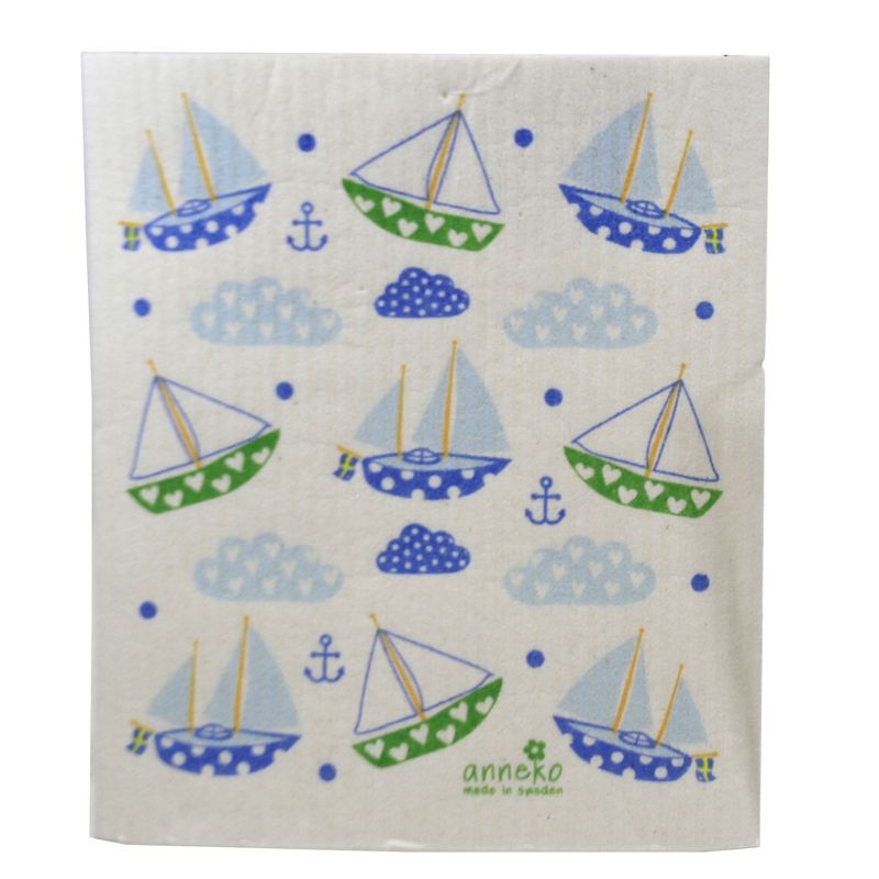 Swedish Dish Cloth 7.75" Sailboats & Dark Blue Flower Eco-Friendly Absorbant  -  Dish Cloth