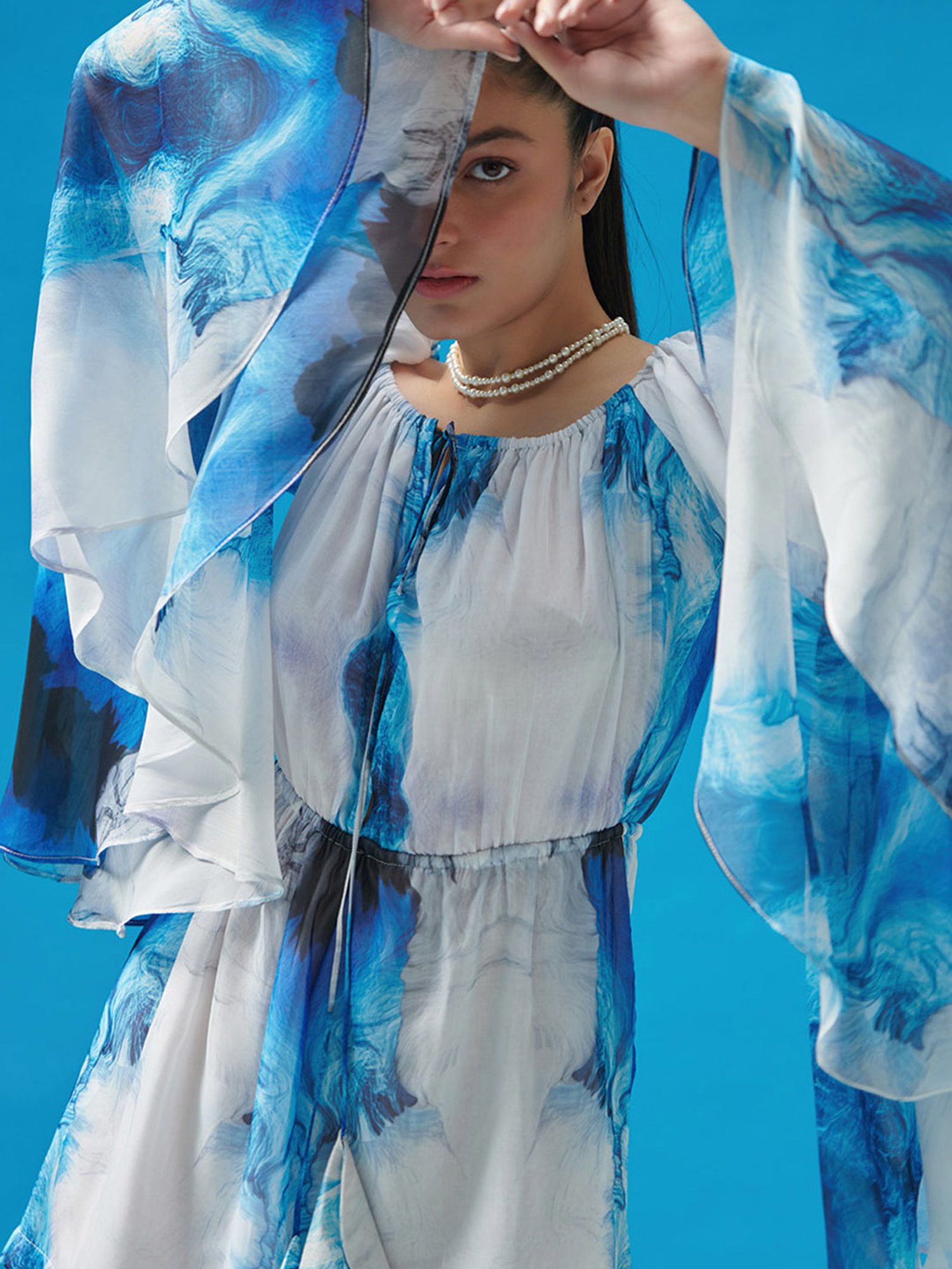 Cin Cin Blue Wave Printed Off Shoulder Playsuit