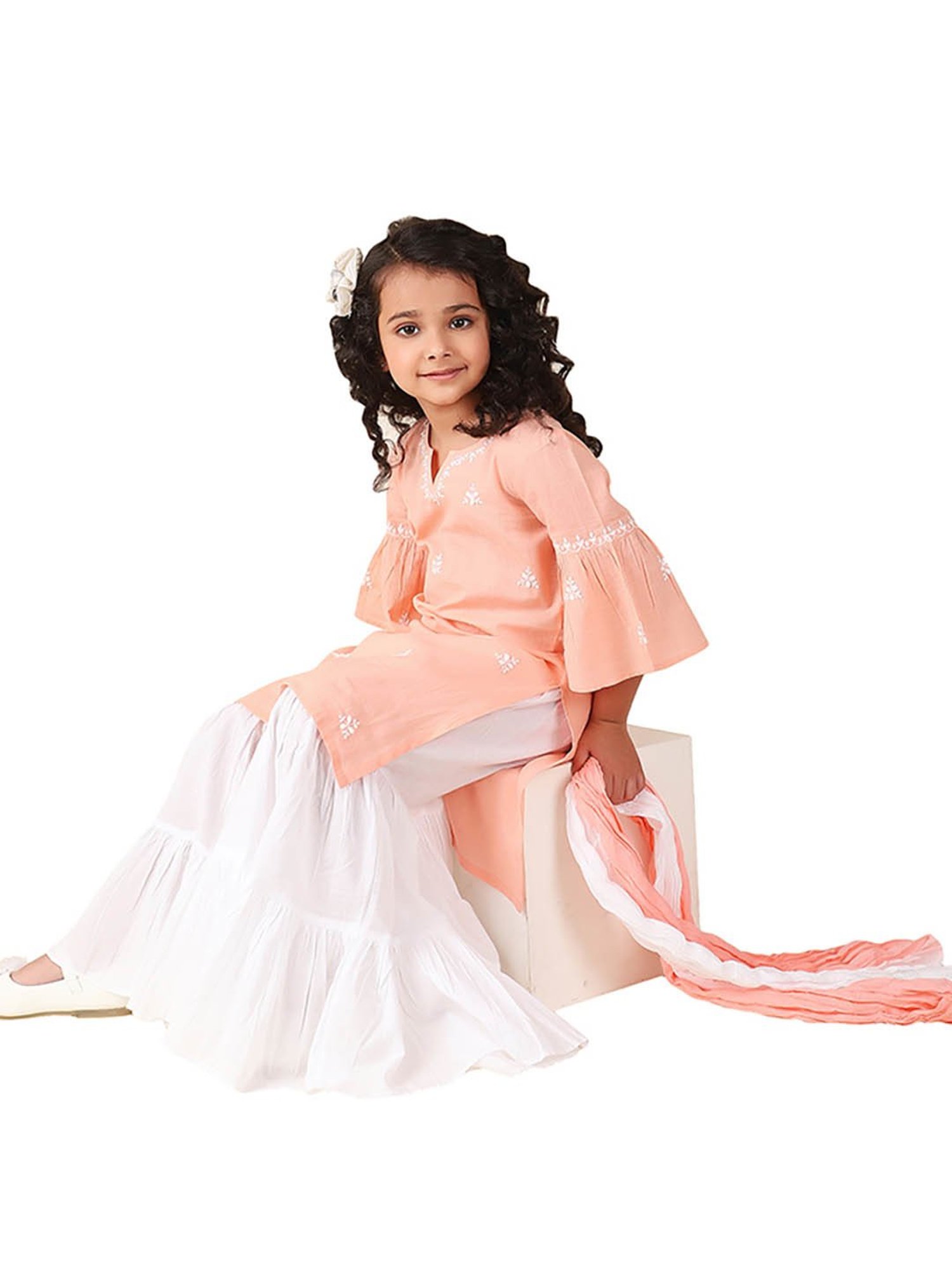 Fabindia Kids Peach & White Embroidered Kurta, Sharara with Dupatta