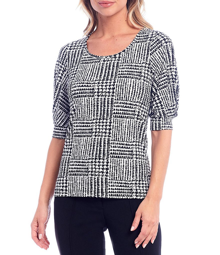 Kasper Scoop Neck Elbow Puff Sleeve Houndstooth Grid Print Crepe Tee