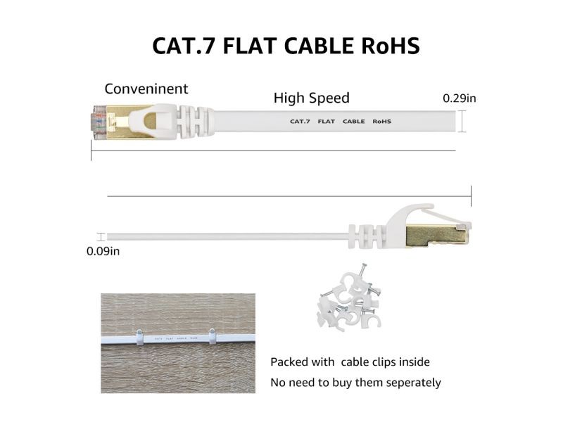 Cat 7 Ethernet Cable 100 ft LAN Cable Internet Network Cord for PS4, Xbox, Router, Modem, Gaming, White Flat Shielded 10 Gigabit RJ45 High Speed Computer Patch Wire.