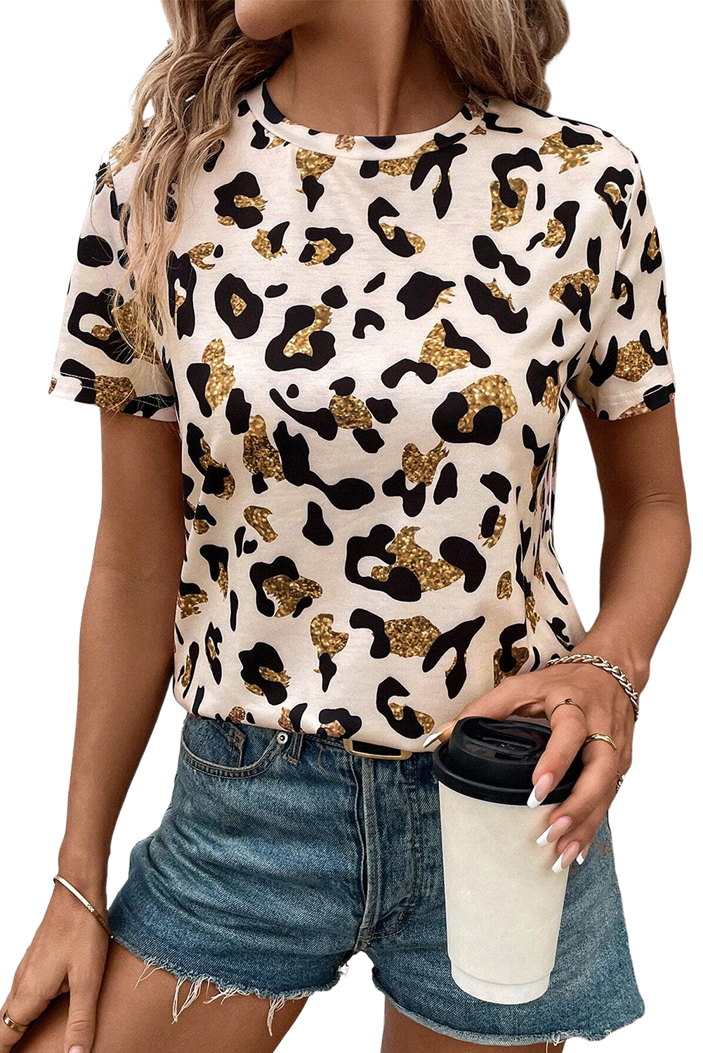 Red Cheetah Print Casual Short Sleeve Crew Neck T Shirt